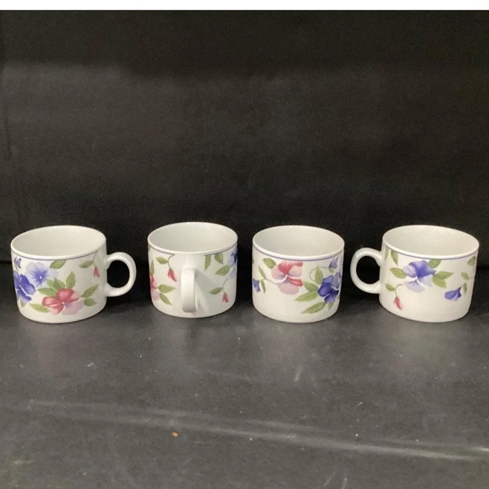 Oneida Majesticware Freesia Coffee Cups, Set of 4, Vintage Floral Stoneware Mugs